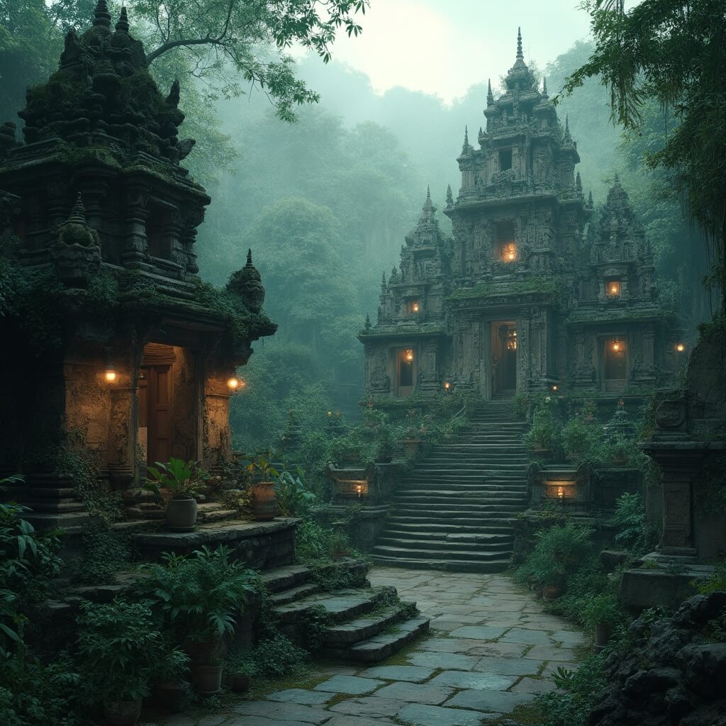 Ancient Balinese stone temple surrounded by lush tropical vegetation, bathed in soft diffused light creating a serene and mystical ambiance