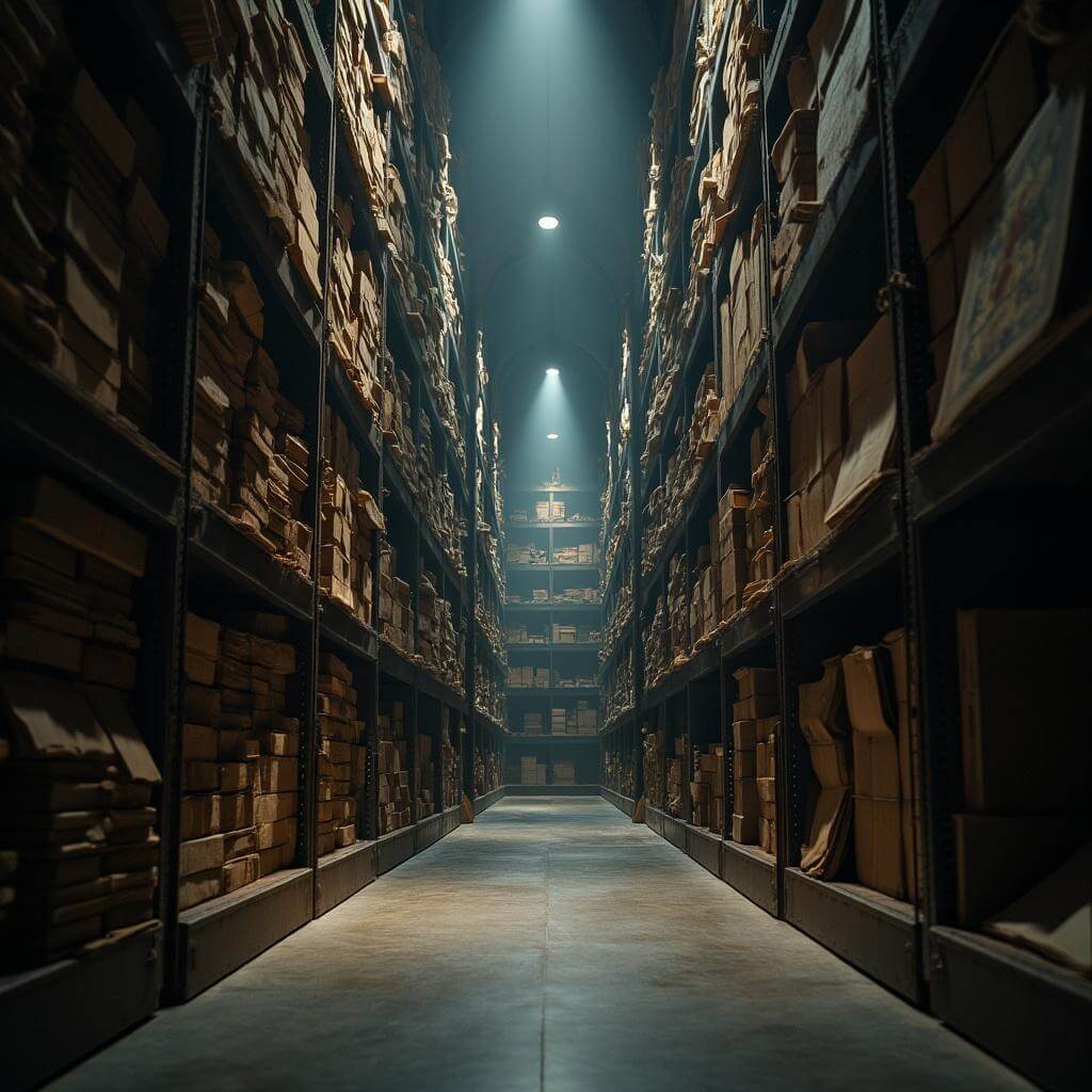 Dramatic low-angle view of a dimly lit museum archive room with towering metal shelves filled with historical documents and artifacts, illuminated by soft focused lighting