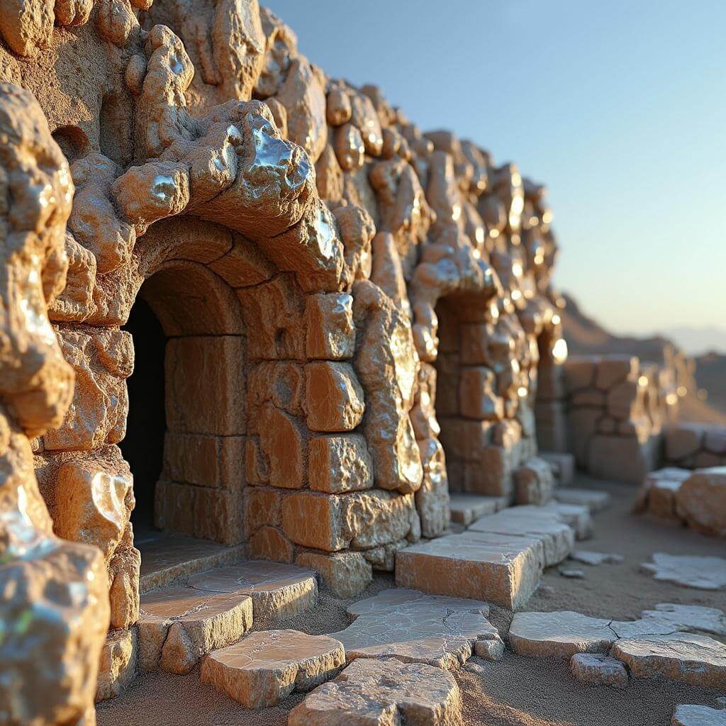 Ancient pueblo ruin built of petrified wood, displaying crystal formations and wood grain in morning light