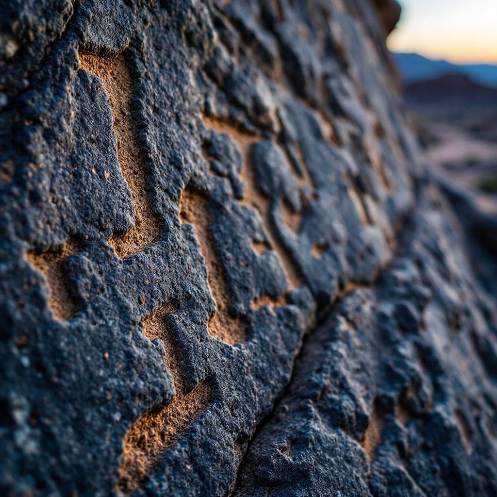 Ancient Native American petroglyphs on desert rock at Grimes Point, showing age and weathering, under the soft morning light with a faint desert landscape in the background