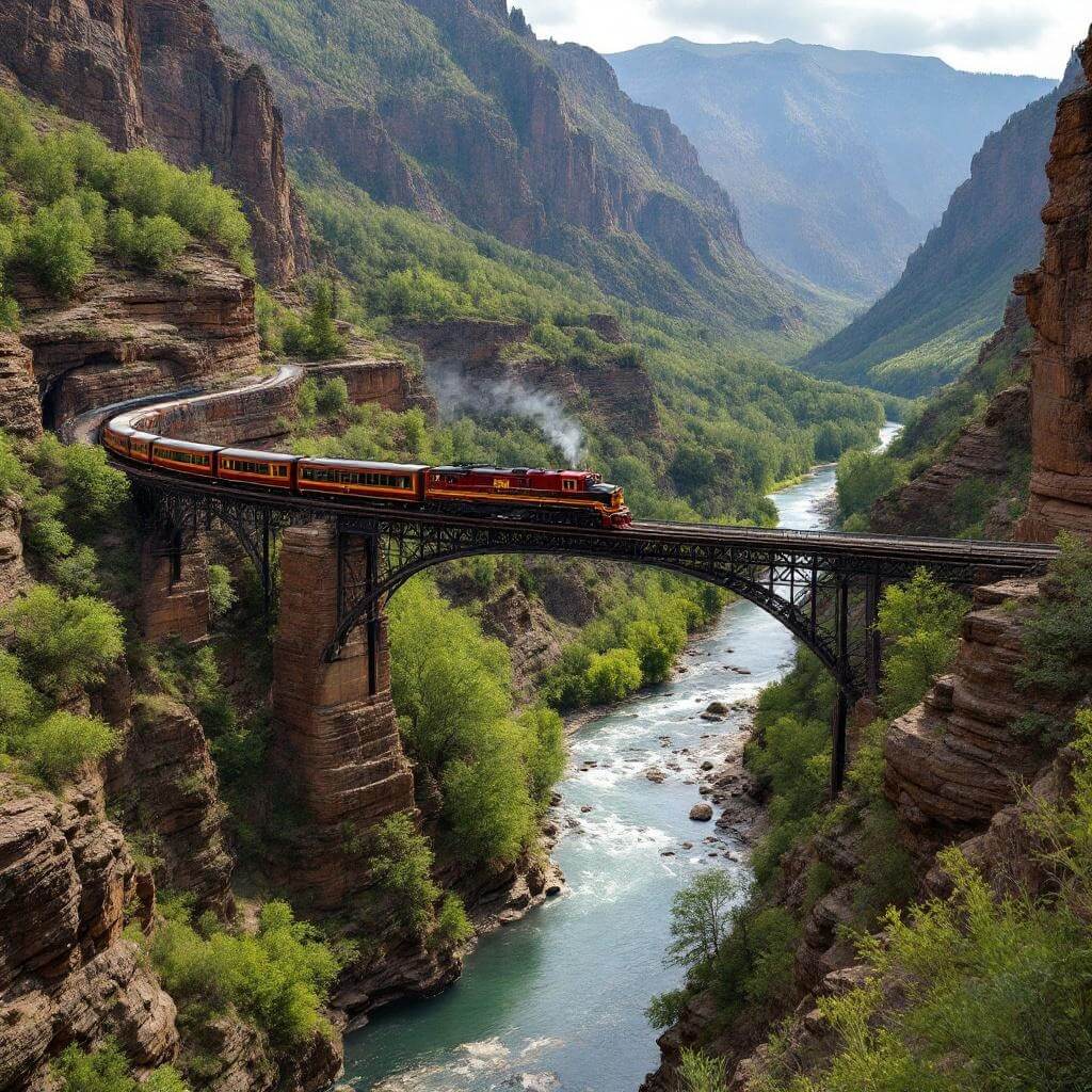 Historic narrow gauge train crossing a river bridge on Animas River amidst lush green canyon panorama