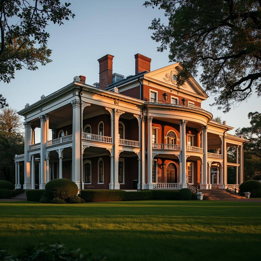 Antebellum mansion at golden hour with white columns, wraparound porch, deep green lawn, and evening light highlighting its architectural details