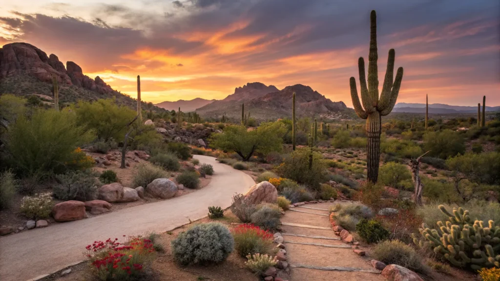 "Panoramic view of Desert Botanical Garden at sunset with silhouette of Saguaro cacti, red Papago Buttes, desert plants, wildflowers and winding trails"