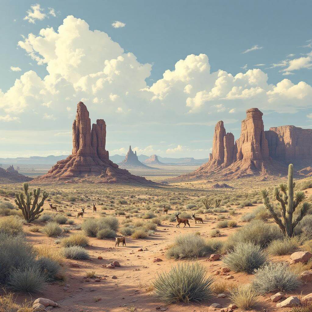 Desert landscape in Arizona with pronghorns, coyotes, sparse vegetation, distant petrified wood formations, rugged terrain under a sky with soft clouds