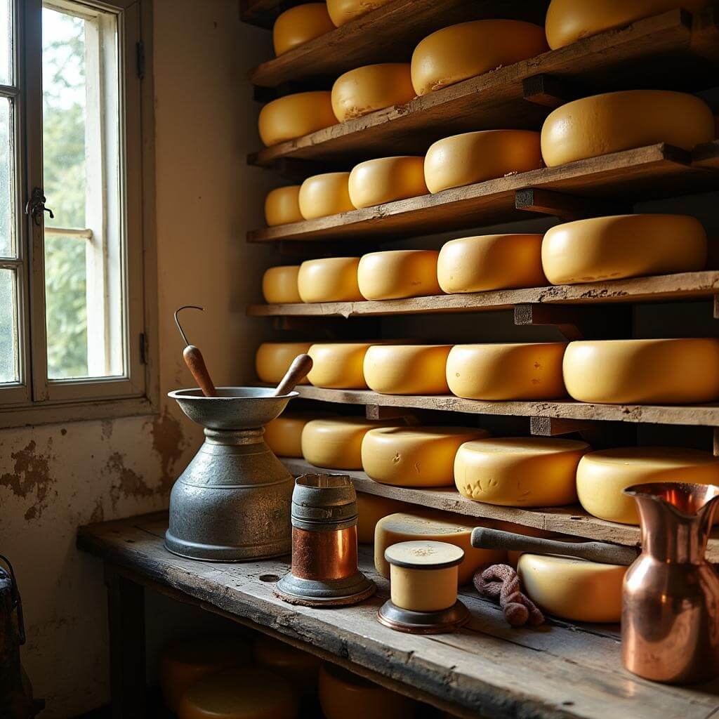 Local cheese artisan's workshop with ripening cheeses on wooden shelves, cheese-making tools, and copper vessels on workbench, under natural light coming through window.