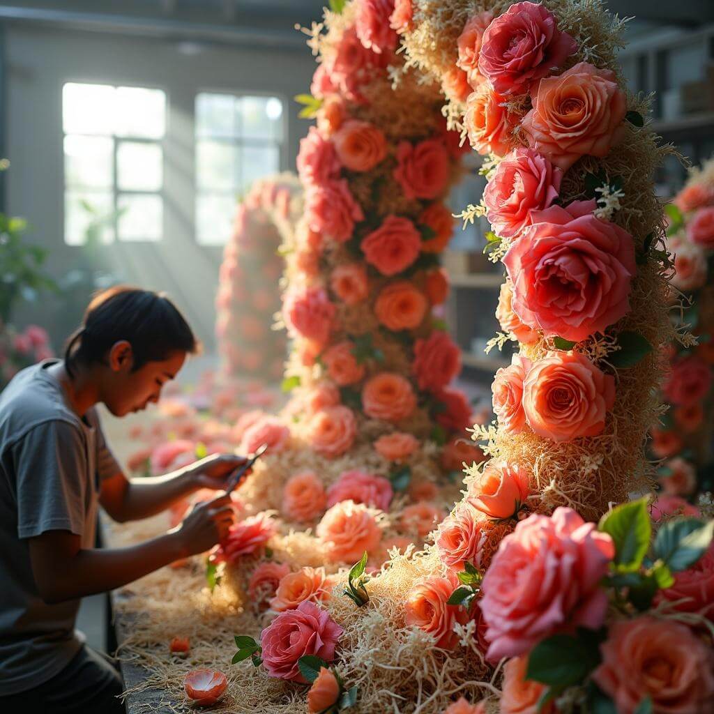 Artisans meticulously crafting a vibrant rose festival float with fresh flowers and natural elements in a sunlit workshop