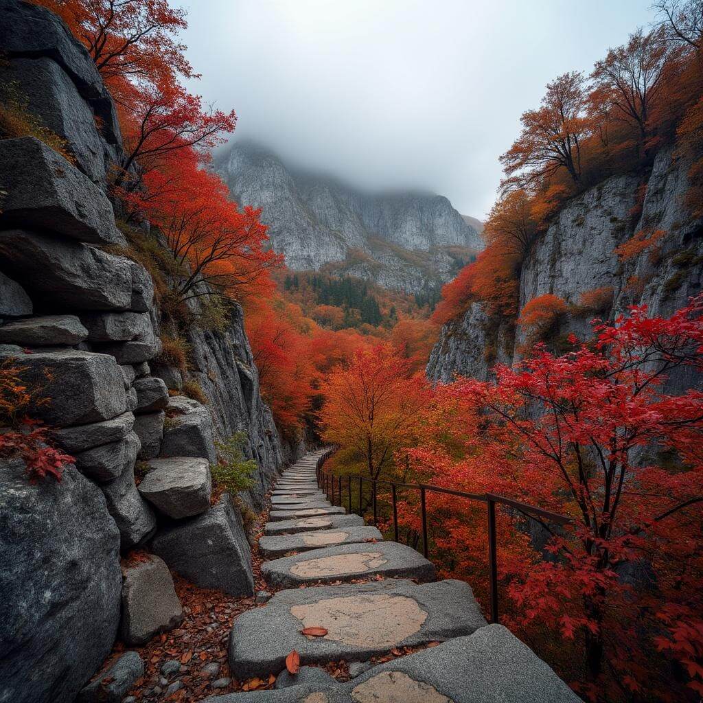 Wide-angle view of Profile trail in autumn with red and orange maple trees, natural stone staircase and misty mountain backdrop