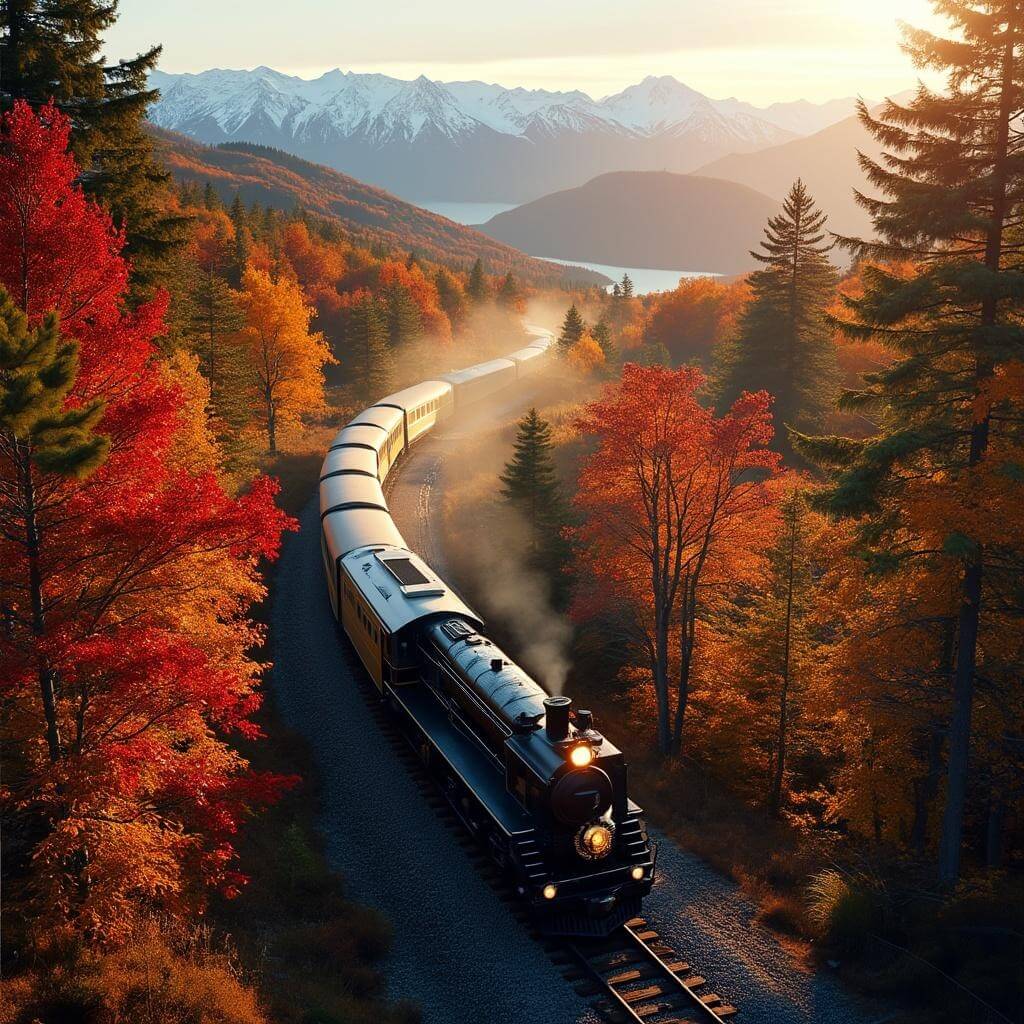 Vintage passenger train amidst colorful autumn foliage in White Mountains, New Hampshire, with distant snow-capped peaks during golden hour