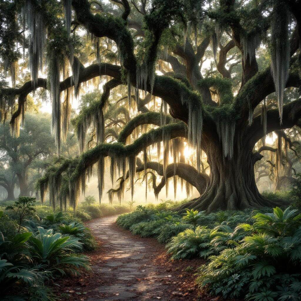 Ancient oak trees with Spanish moss, lush greenery, and botanical landscape under diffused sunlight at Avery Island's Jungle Gardens