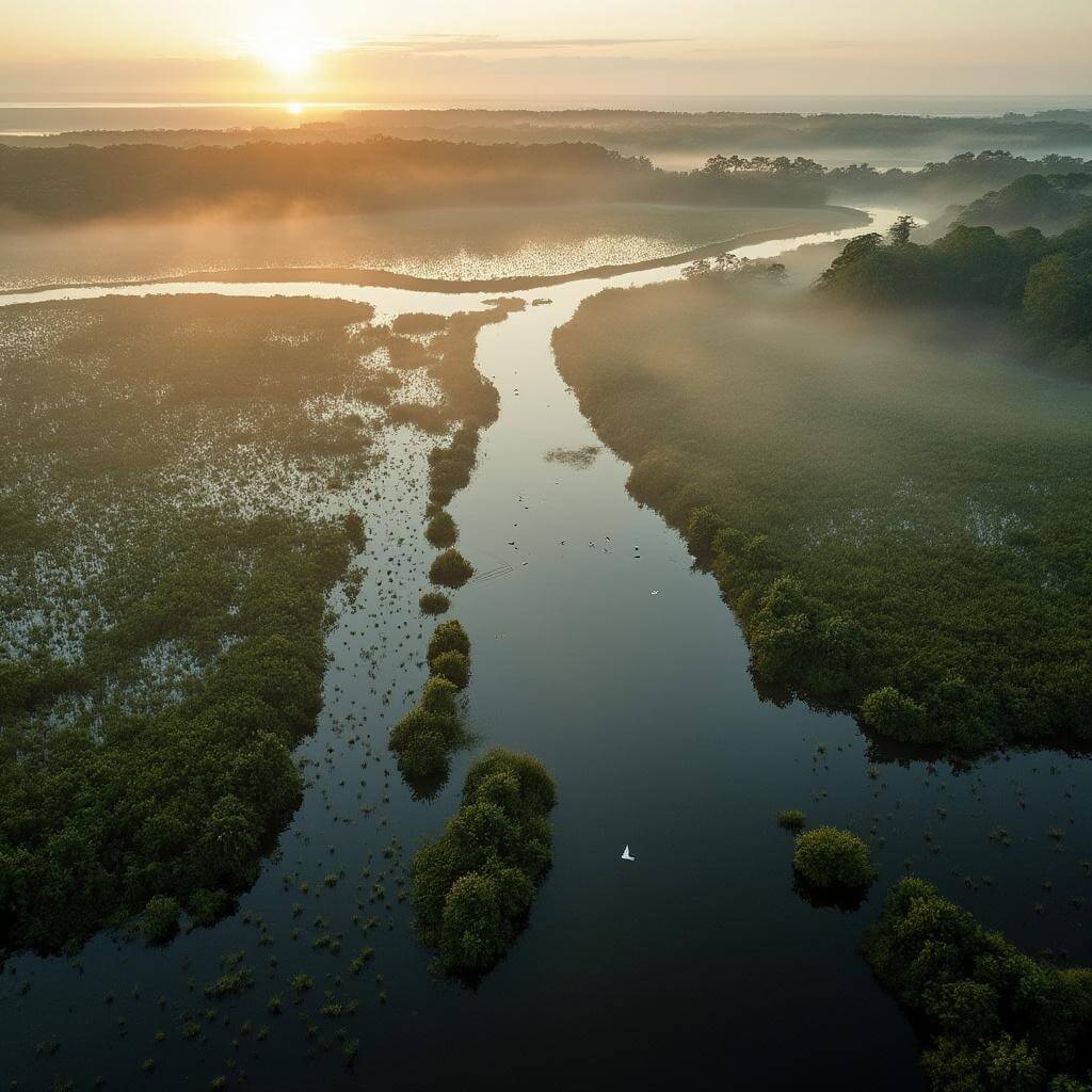 Aerial view of Avery Island's wetlands and pepper fields at sunrise, with morning mist and flying birds