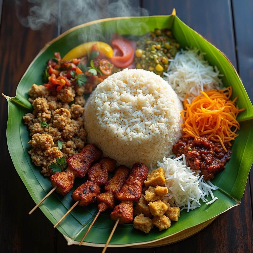 Overhead shot of Balinese Nasi Campur with rice, grilled satay, tempeh, vegetables, shredded coconut, and spicy sambals on a banana leaf, steam rising from fresh food in natural light
