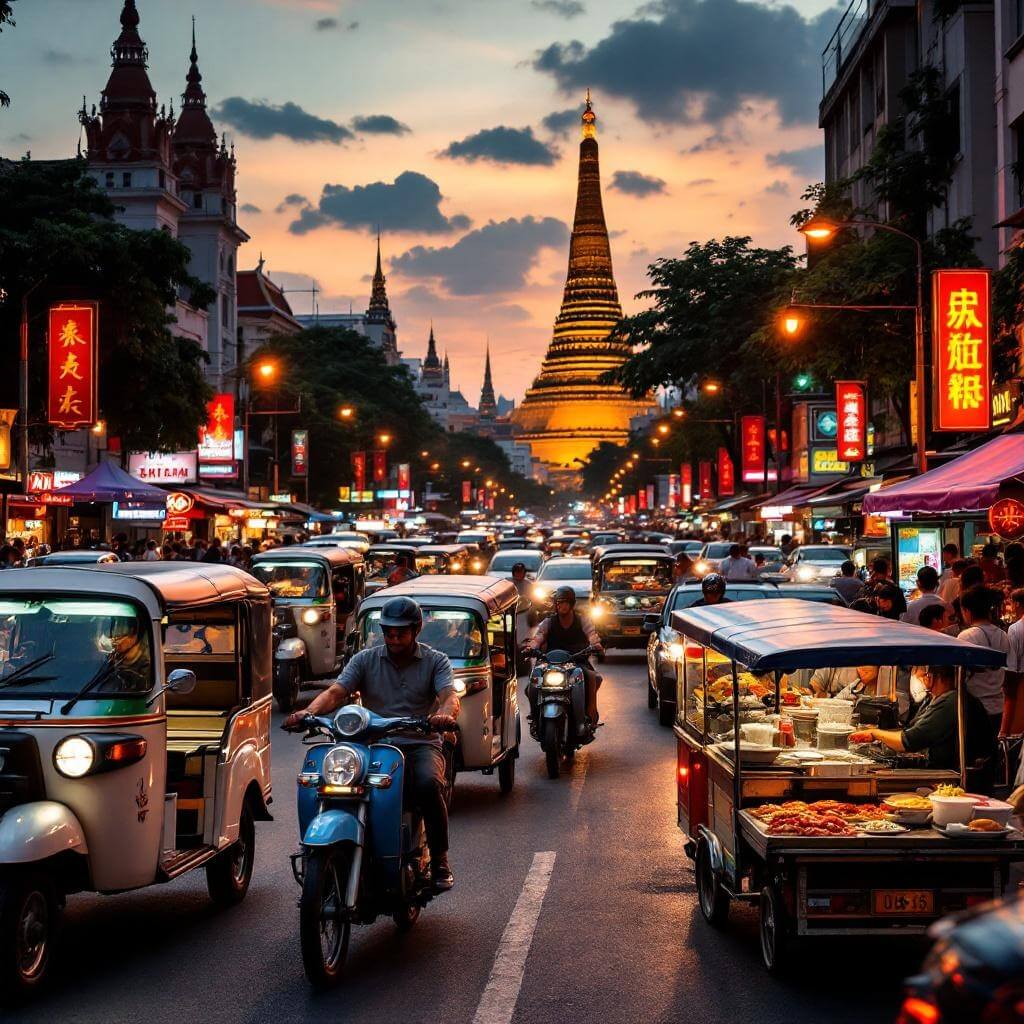 Bustling Bangkok street at dusk with tuk-tuks, street food vendors, Buddhist temples, neon signs, and soft warm lighting