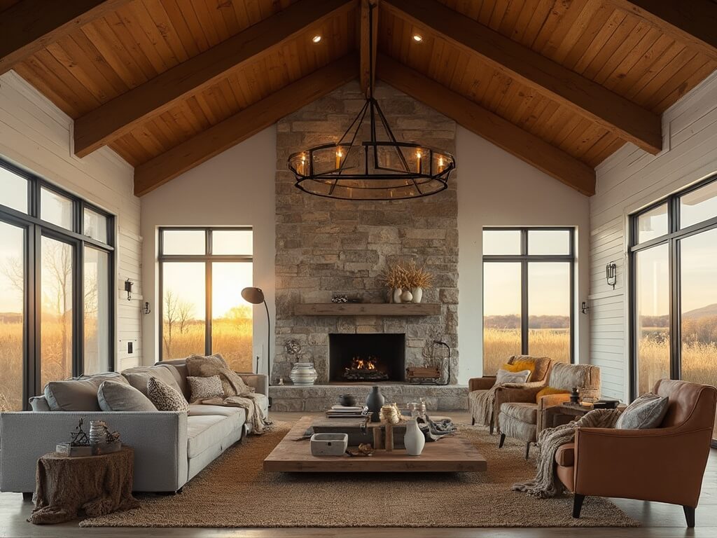 "Interior of barn style living room with vaulted ceilings, exposed wooden beams, and stone fireplace bathed in golden hour light"