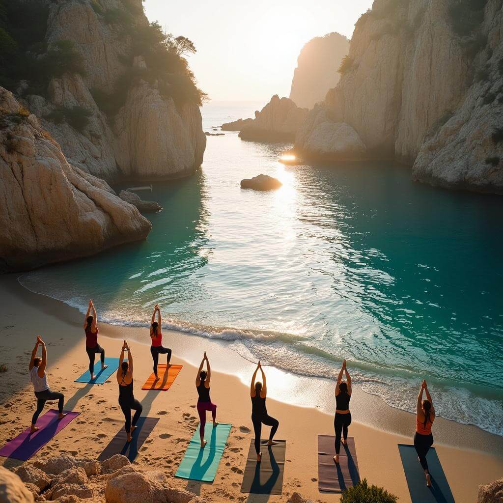 Yoga participants practicing warrior pose on colorful mats at a secluded beach cove with surrounding cliffs and turquoise waters in early morning light