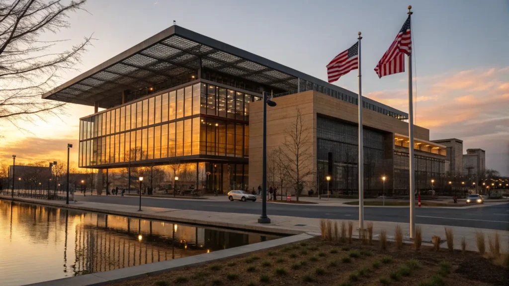 "Birmingham Civil Rights Institute's facade illuminated by sunset, reflecting Kelly Ingram Park and surrounded by American flags and the Civil Rights District"