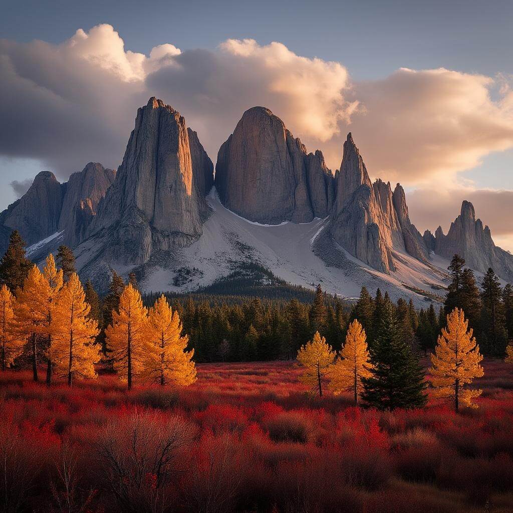Golden hour landscape of Black Elk Peak with granite spires, fall-colored aspens, and sunlit clouds seen through a wide-angle lens
