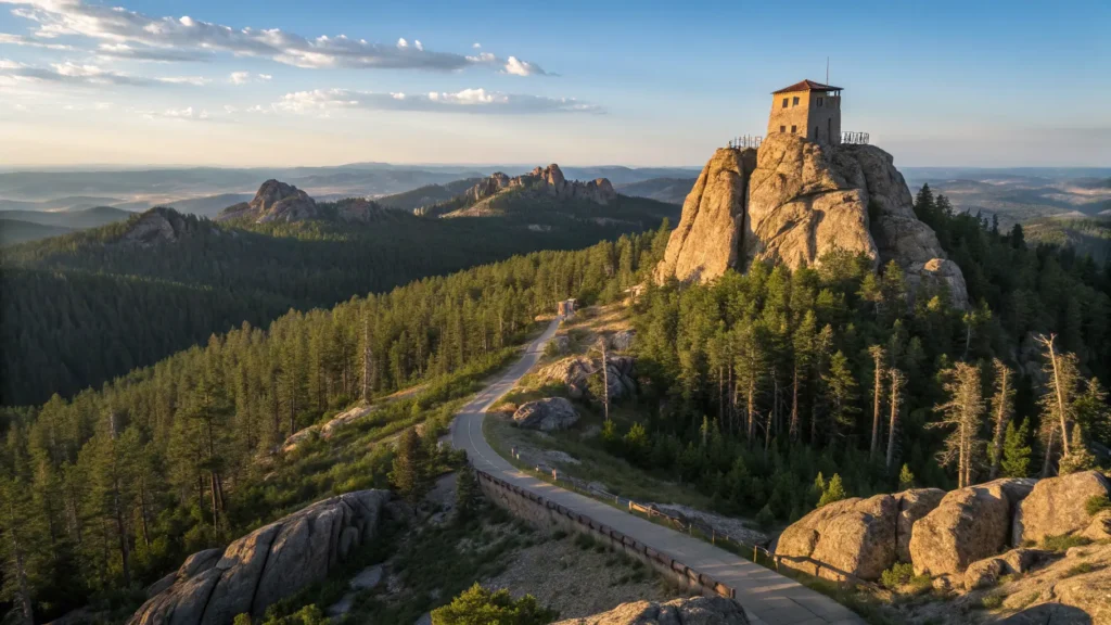 "Majestic sunrise view of Black Elk Peak with historic fire lookout tower, hiking trail through ponderosa pines, and panoramic views of the Black Hills and Great Plains"