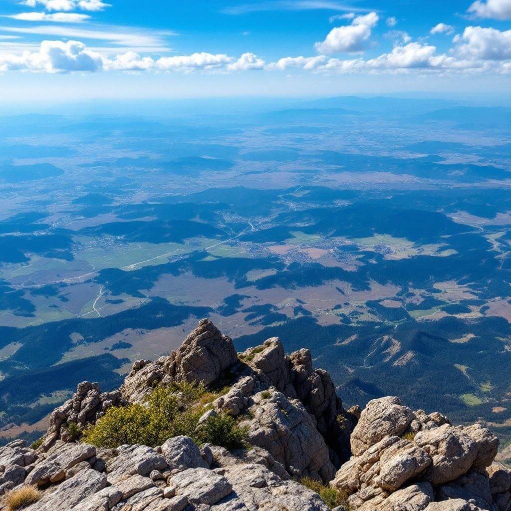 360-degree panoramic view from the summit of Black Elk Peak, showcasing the expansive wilderness, mountain ranges and rolling landscapes of the Black Hills and Great Plains under a clear sky