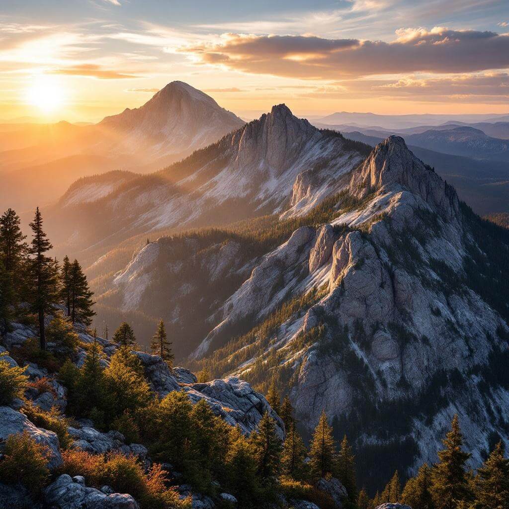 Sunrise over Black Elk Peak with granite formations and pine forests illuminated by soft golden light