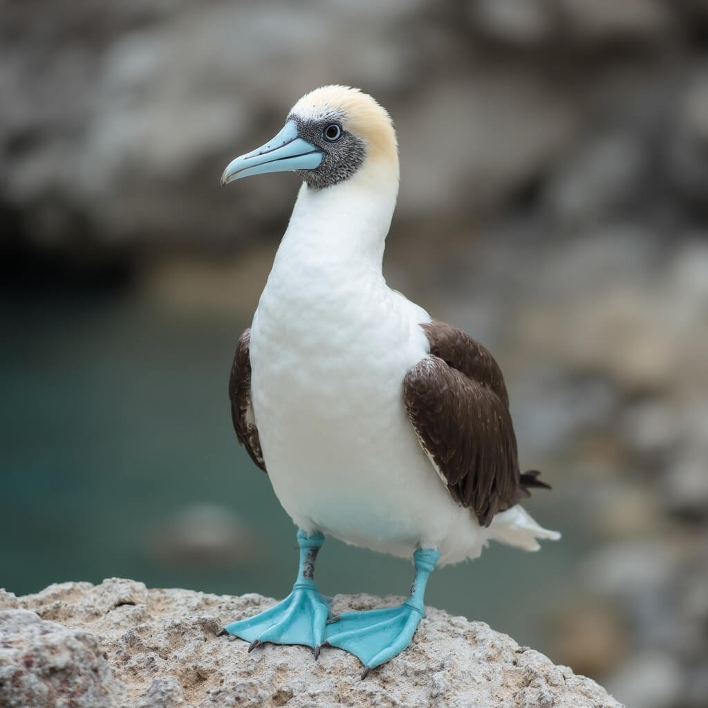Blue-footed booby standing on rocky terrain showcasing its vibrant blue feet and detailed feathers