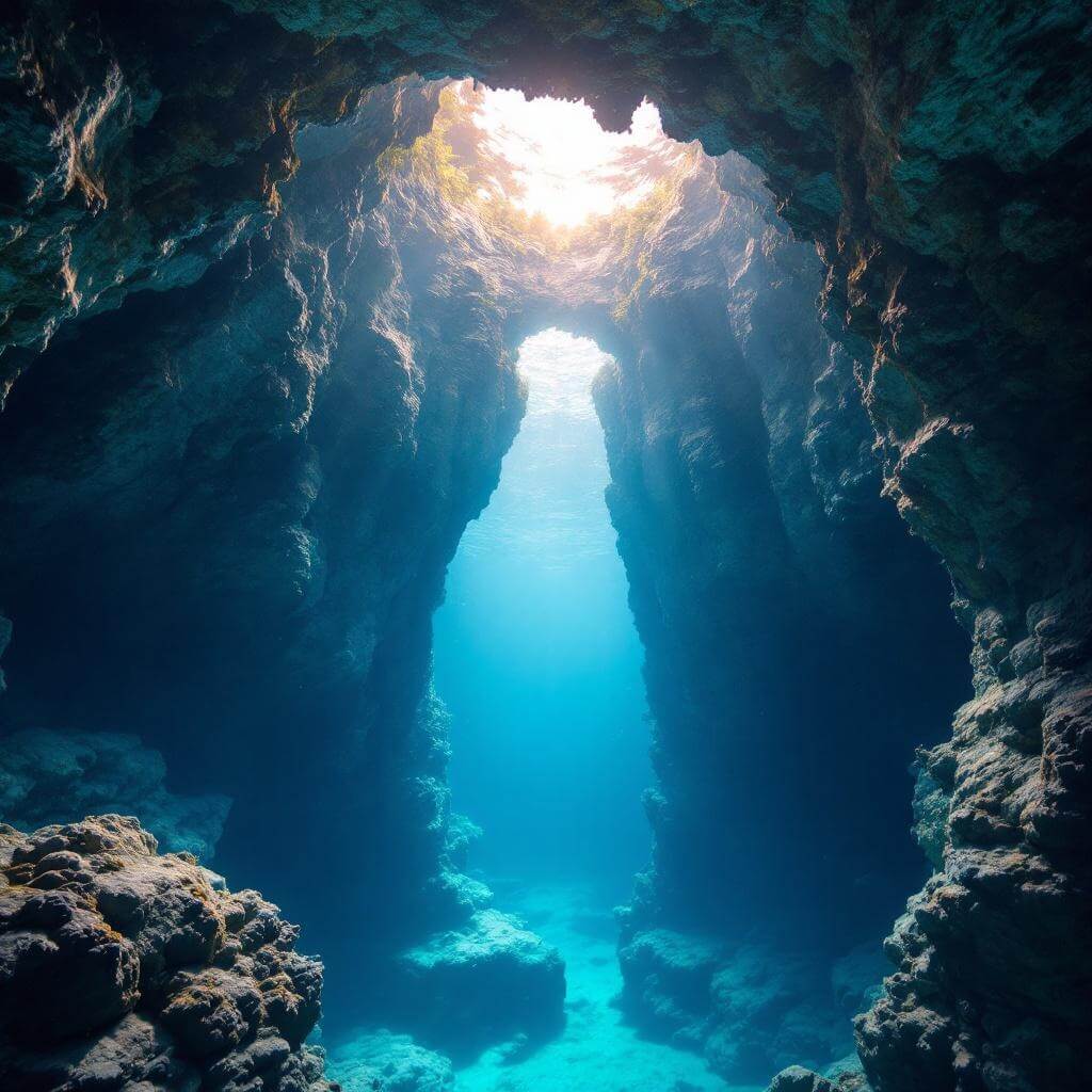 Underwater view of the Blue Hole's bell-shaped limestone formations illuminated by diffused light