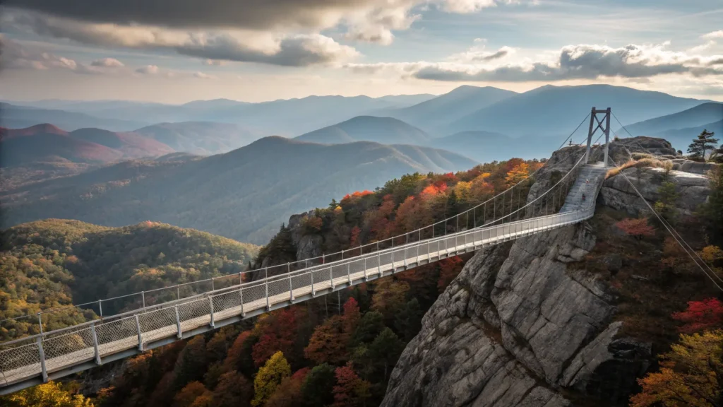 "Suspension footbridge at 5,305 feet elevation over mountain chasm in Blue Ridge Mountains, North Carolina with sunlight reflecting on cables, autumn foliage, mountain peaks and stone pillars at entrance"