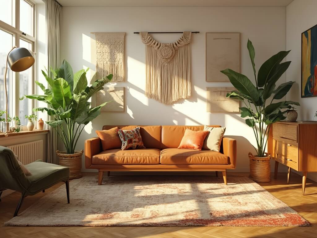 "Sunlit, boho mid-century modern living room with cognac leather sofa, olive green velvet chair, layered Moroccan rugs, and lush indoor plants in brass planters"