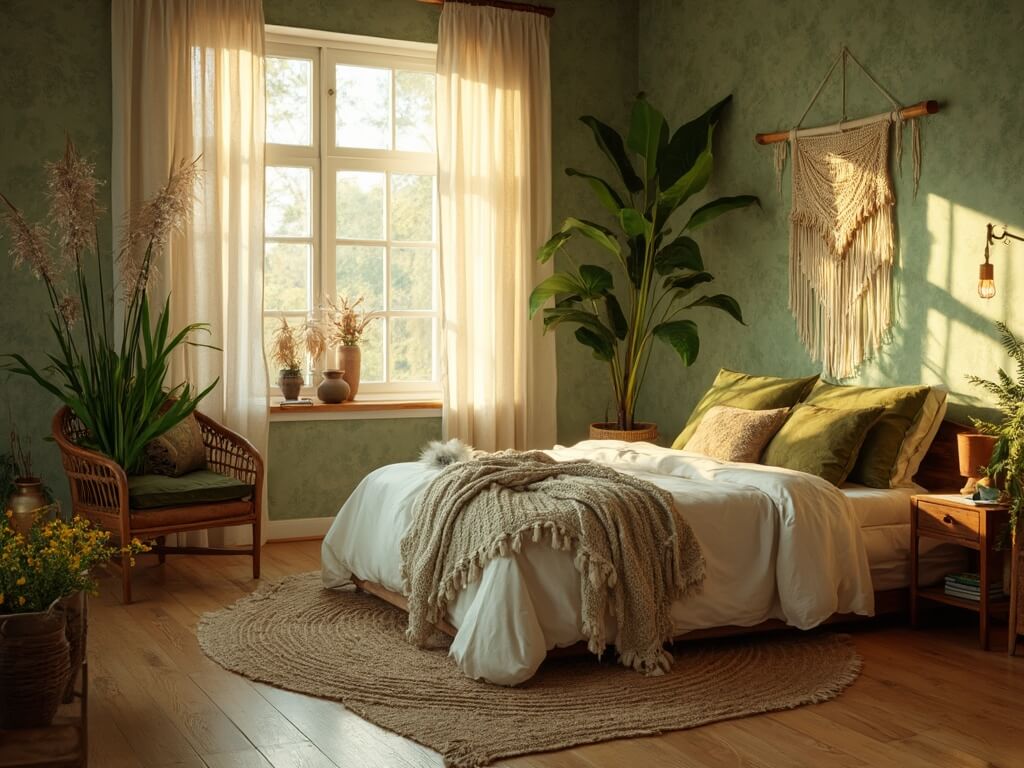 "Bohemian styled bedroom with sage green walls, rattan furniture, cream and olive bedding, lush indoor plants, macramé decors, and warm natural lighting."