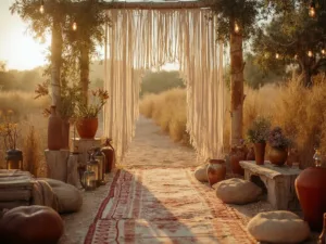 "Boho-style outdoor wedding ceremony setup at sunset with macramé draping, pampas grass decor, vintage rugs, wooden benches, Edison string lights, Moroccan leather poufs and brass lanterns"