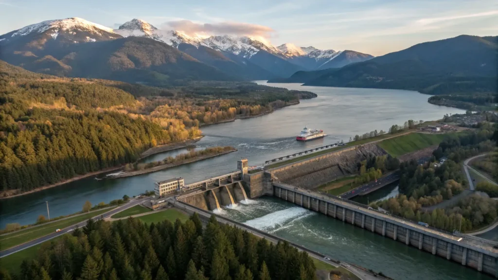 "Aerial view of Bonneville Dam on the Columbia River Gorge, large cargo vessel navigating through locks, with visible fish ladders and snow-capped mountains backdrop, surrounded by green forests, during late afternoon sunlight."