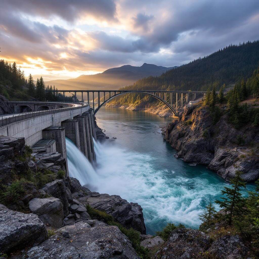 Bonneville Dam on Columbia River illuminated by morning light, depicting the contrast between engineering marvel and natural landscape