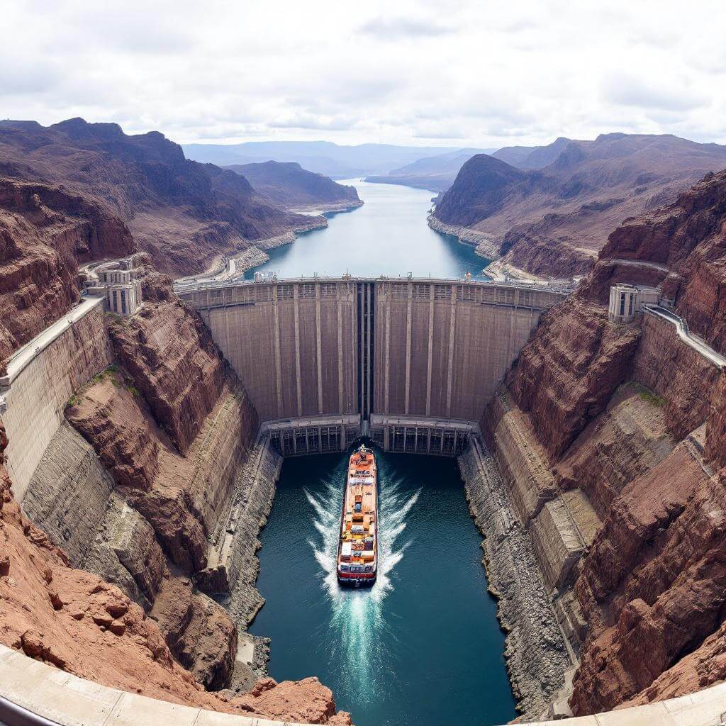 Large commercial boat navigating through massive locks at a dam in the expansive Columbia River Gorge landscape, viewed from an observation deck