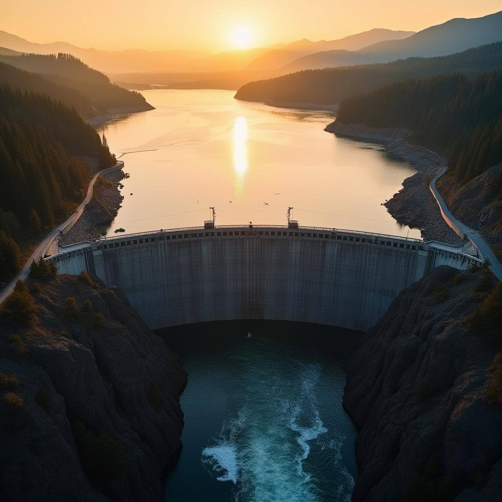 Aerial view of Bonneville Dam at sunset with surrounding landscapes and small boats on the Columbia River