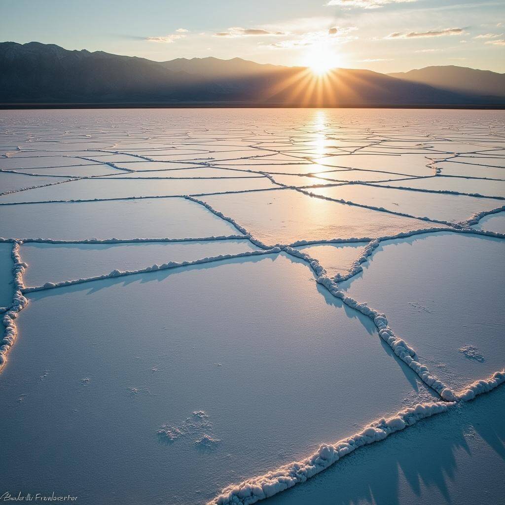 Aerial view of Bonneville Salt Flats at golden hour with mountain silhouettes and shadow patterns on salt crust