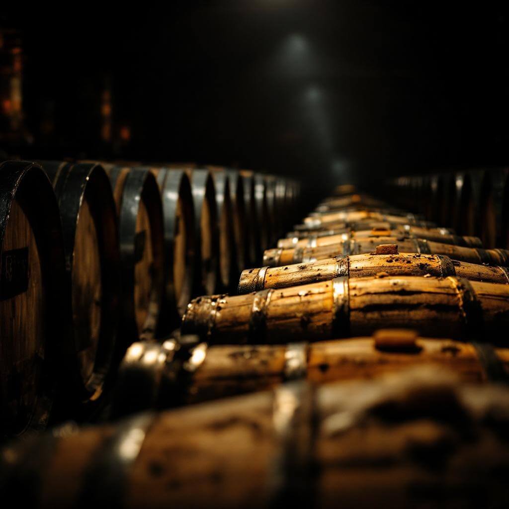 Dimly lit wooden barrel warehouse with rows of white oak barrels filled with aging pepper mash