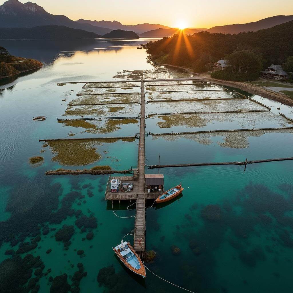 Aerial view of rustic oyster farm on Bruny Island at golden hour with wooden jetties, oyster beds in turquoise waters, moored work boats, and mountain backdrop