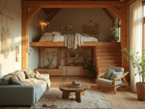 "Cozy cabin loft interior with exposed wooden beams, floating oak stairs, and warm neutral tones, styled with vintage and rustic-modern elements."