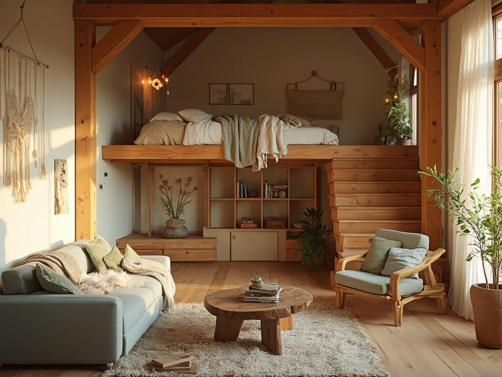 "Cozy cabin loft interior with exposed wooden beams, floating oak stairs, and warm neutral tones, styled with vintage and rustic-modern elements."