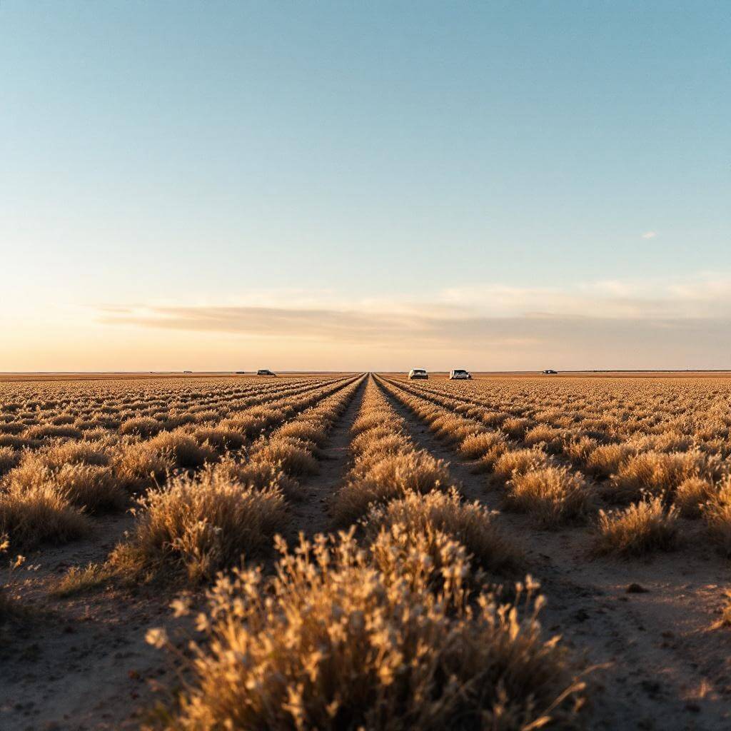 Cadillac Ranch installation on Route 66 surrounded by expansive prairie grasslands during golden hour in Texas, no humans present