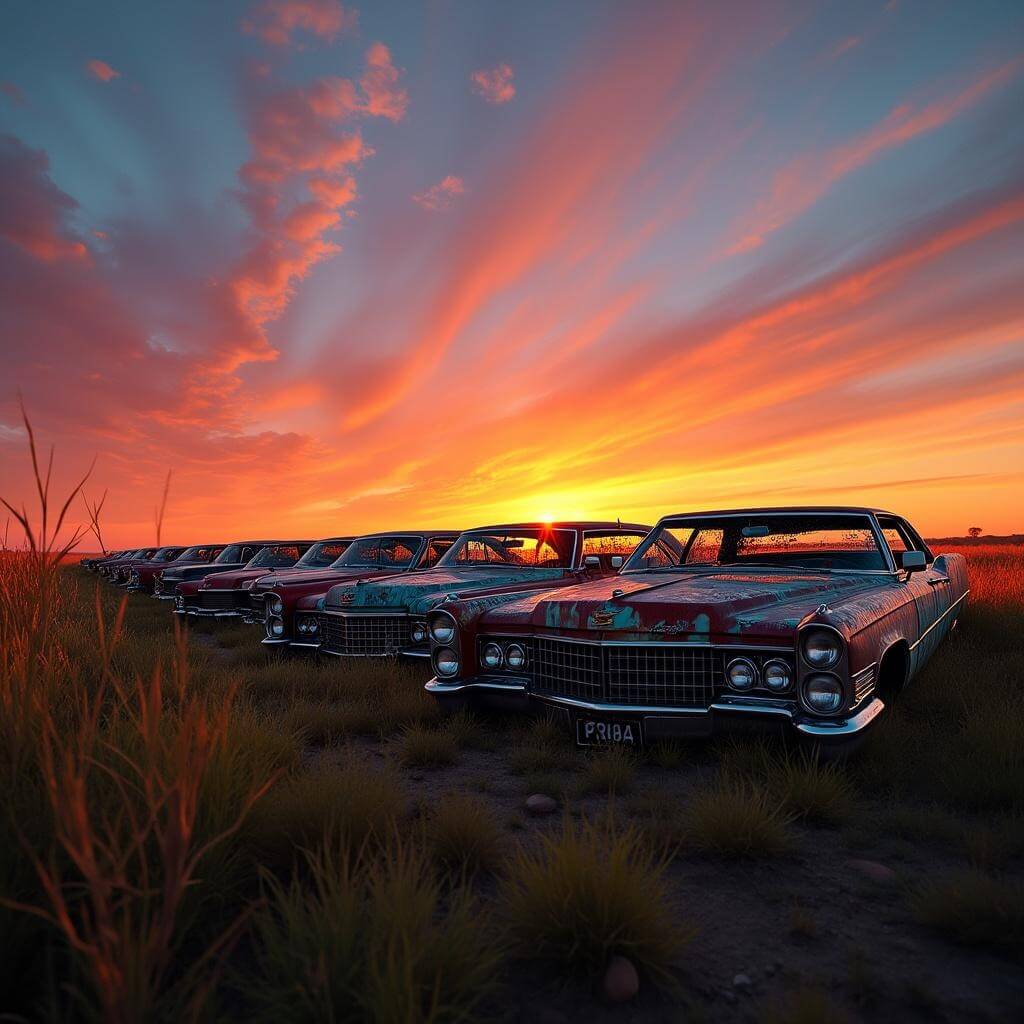 Ten semi-buried graffiti-covered Cadillacs silhouetted against a vibrant Texas sunset with tall prairie grass in foreground and streaked clouds in sky