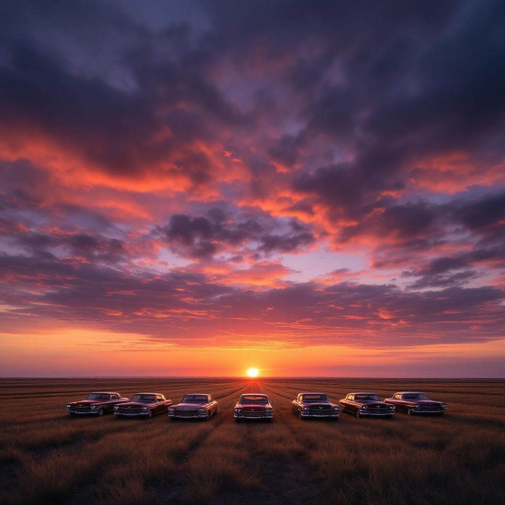 Ten vintage Cadillacs buried vertically in a flat Texas prairie under a vibrant sunset sky