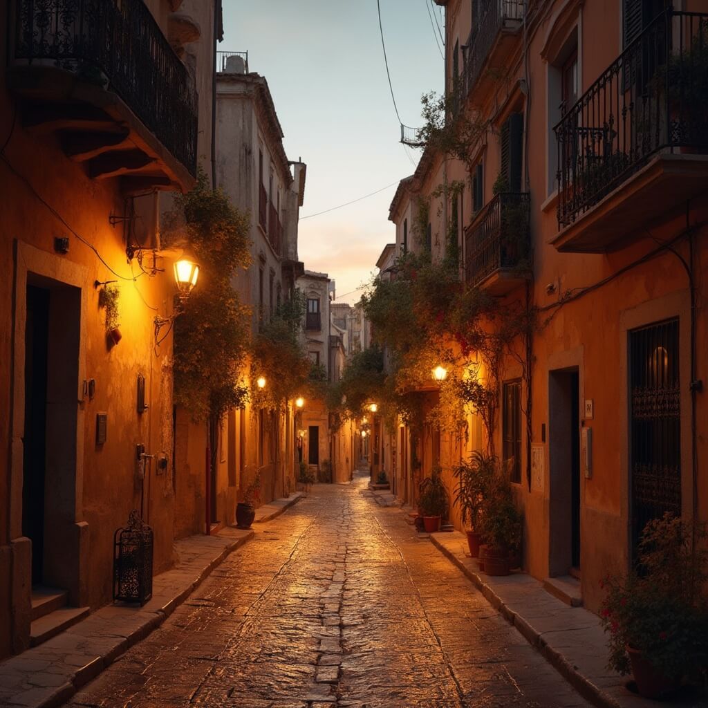 Evening sunset in Cagliari's historic district featuring narrow cobblestone streets, terracotta stone buildings, and soft ambient lighting
