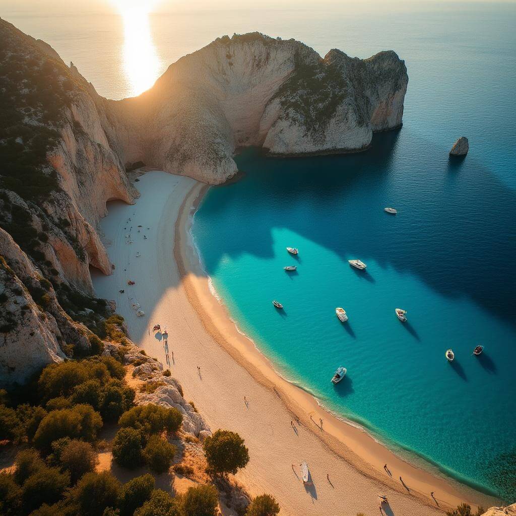 Aerial view of Cala d'Hort beach at golden hour with Es Vedrà rock formation, boats in turquoise waters, and golden sunlight on white sand