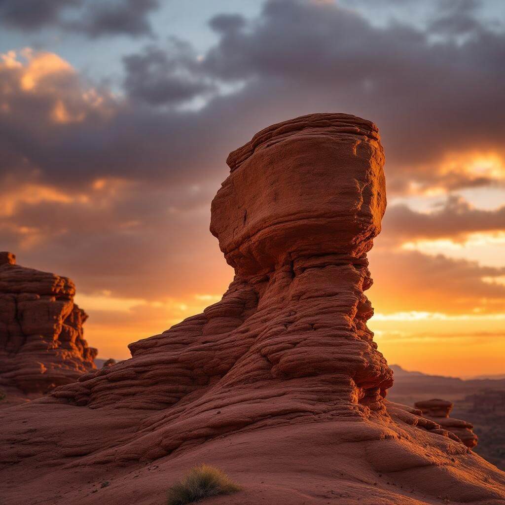 Sunset illumination of the unique Camel Rock formation, highlighting detailed geological textures against a dramatic sky