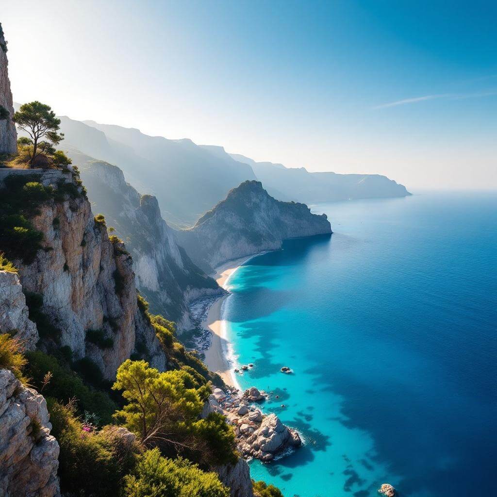 Panoramic view of Capri's rugged coastline with steep cliffs and turquoise Mediterranean waters under golden afternoon sunlight