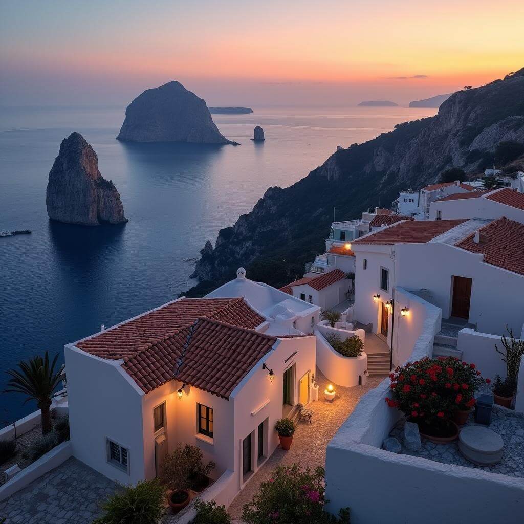 Twilight scene at Monte Solaro viewpoint with Faraglioni rock formations in the Mediterranean sea, white Mediterranean architecture in the foreground, under a sky painted with warm sunset colors