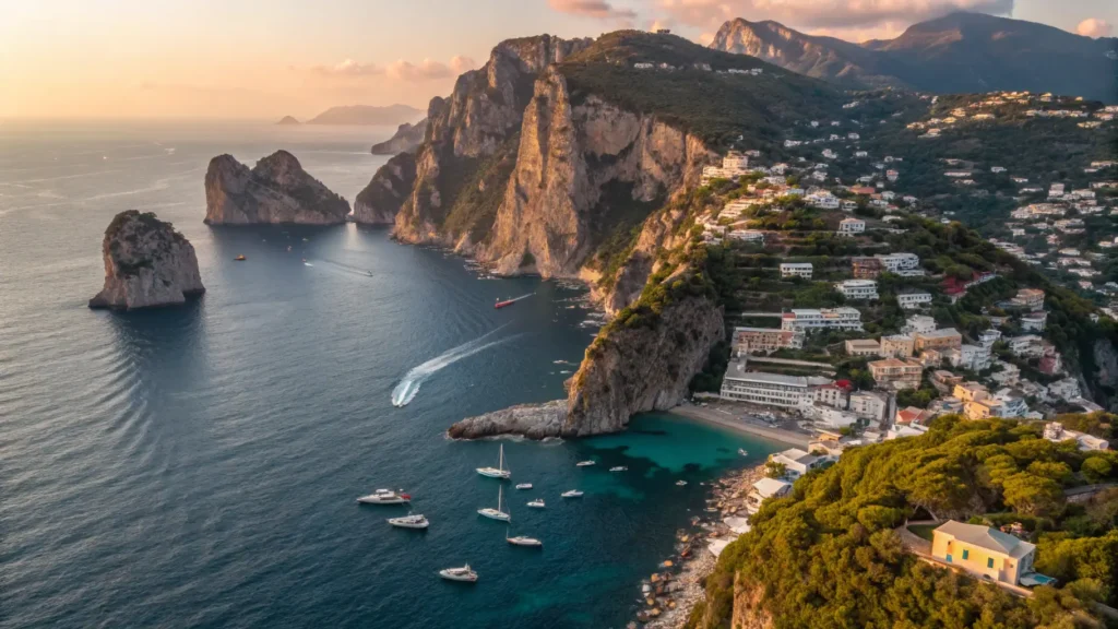 "Aerial view of Capri Island at golden hour featuring Faraglioni rocks, Marina Grande, winding Capri Town roads, Piazzetta square, Monte Solaro and the Blue Grotto"