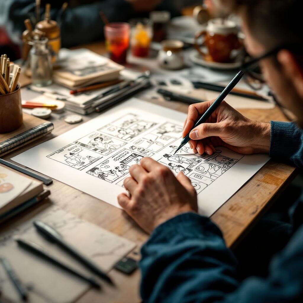 Artist's hands demonstrating cartooning techniques with sketching tools and comic strip drafts in a softly lit museum Drawing Room