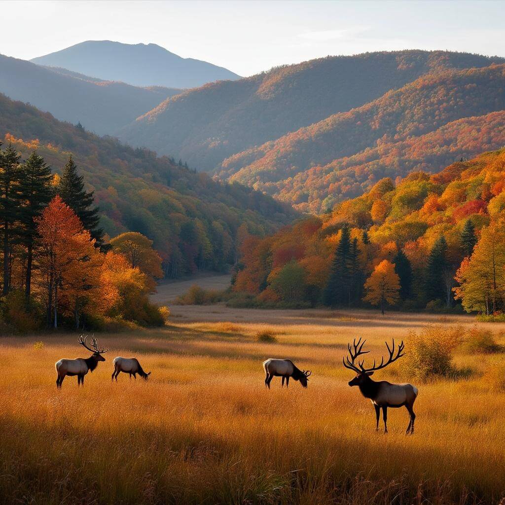 Elk grazing in Cataloochee Valley meadow during autumn, surrounded by colorful deciduous forest and bathed in late afternoon golden light