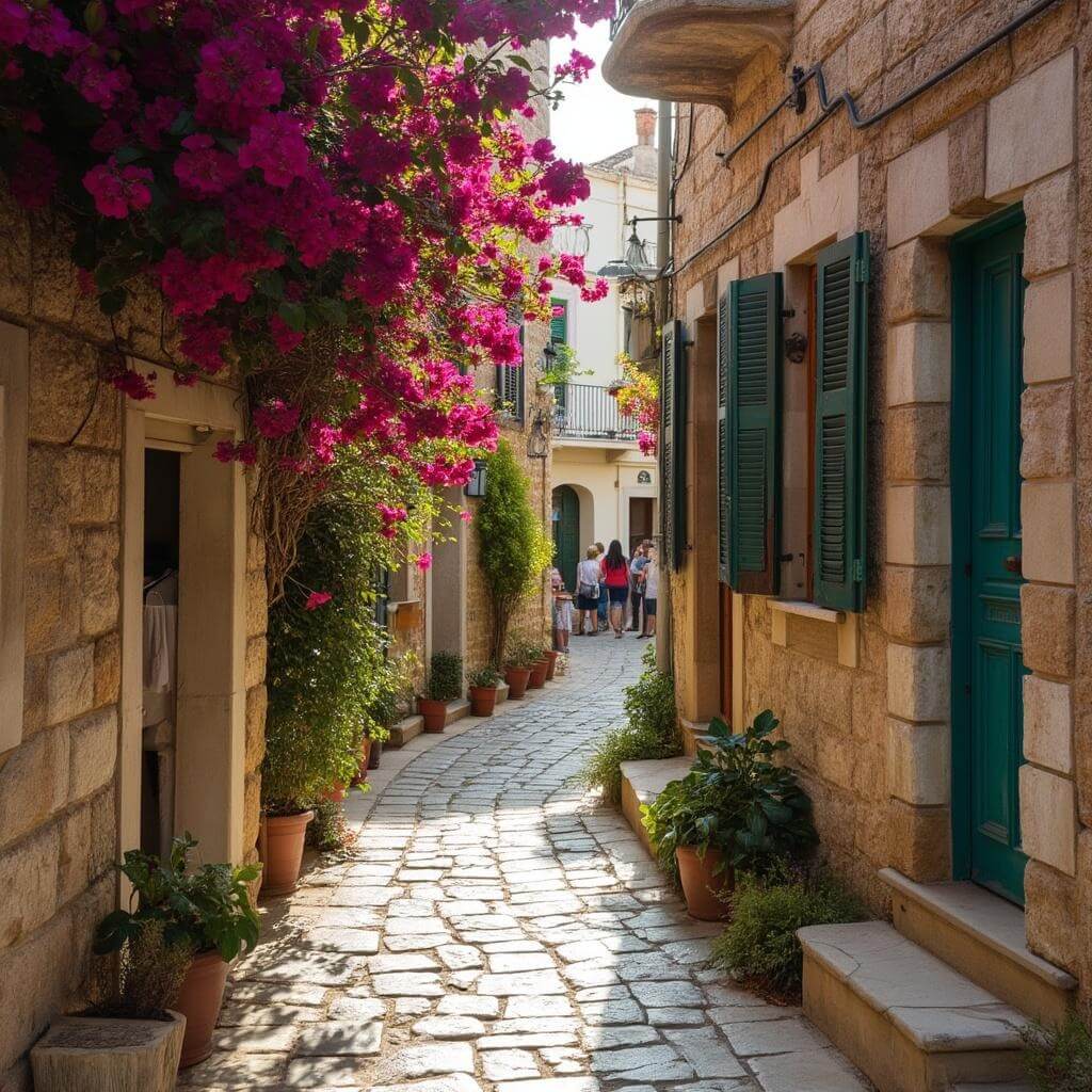 Cobblestone alley in Chania's old town during morning light, displaying weathered Venetian architecture, stone walls with bougainvillea, and faded blue and green wooden shutters